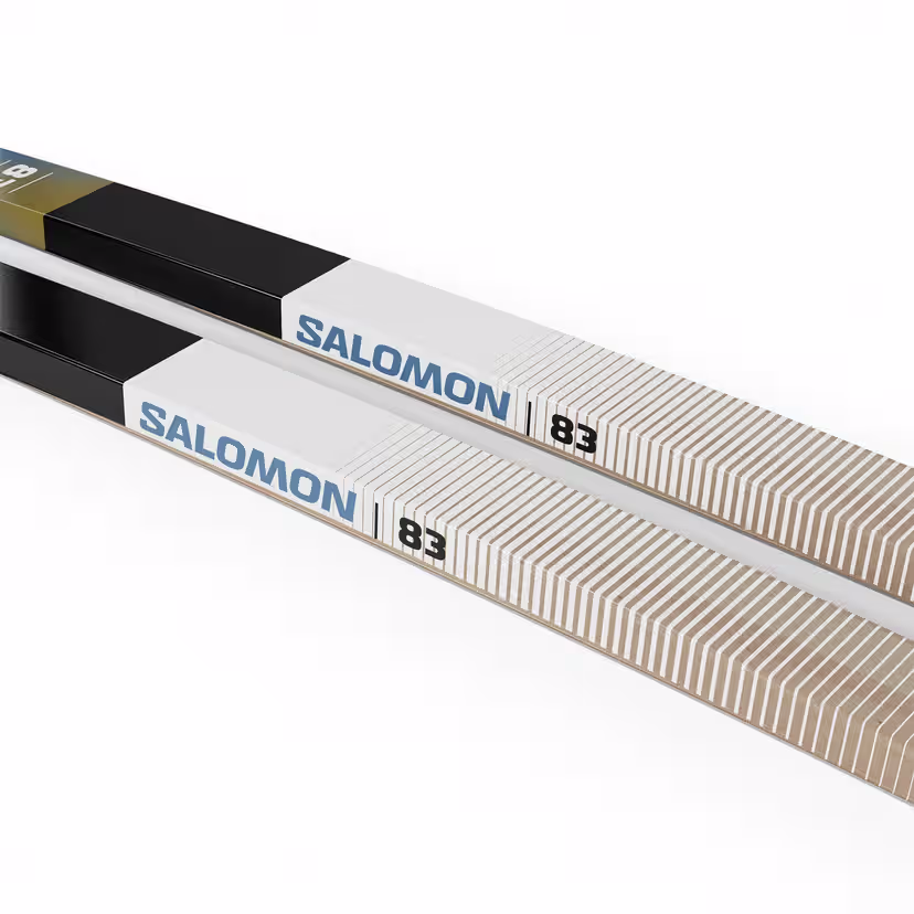 Two Salomon skis with a white background