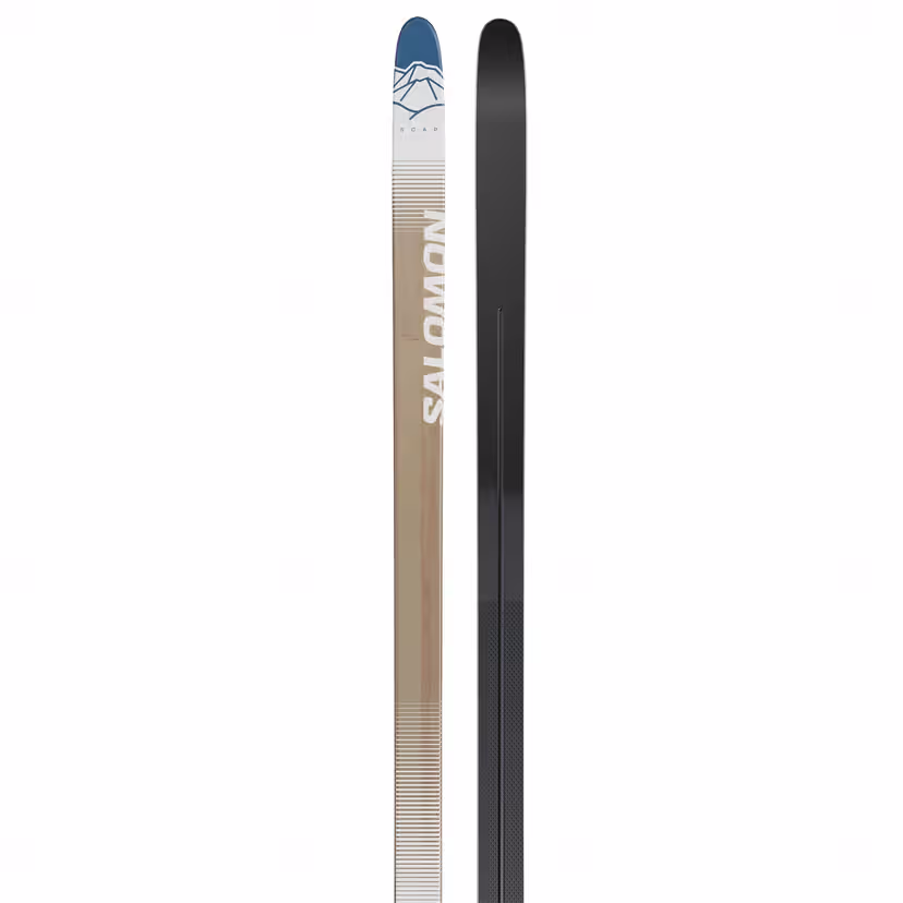 Two skis, one black and one with a beige and blue design, on a white background.