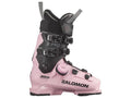 Pink ski boot with black accents and Salomon branding on a white background