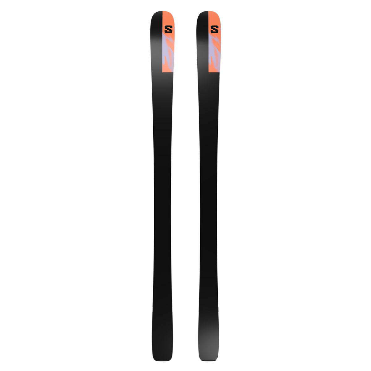 Pair of black skis with orange and white accents on a white background