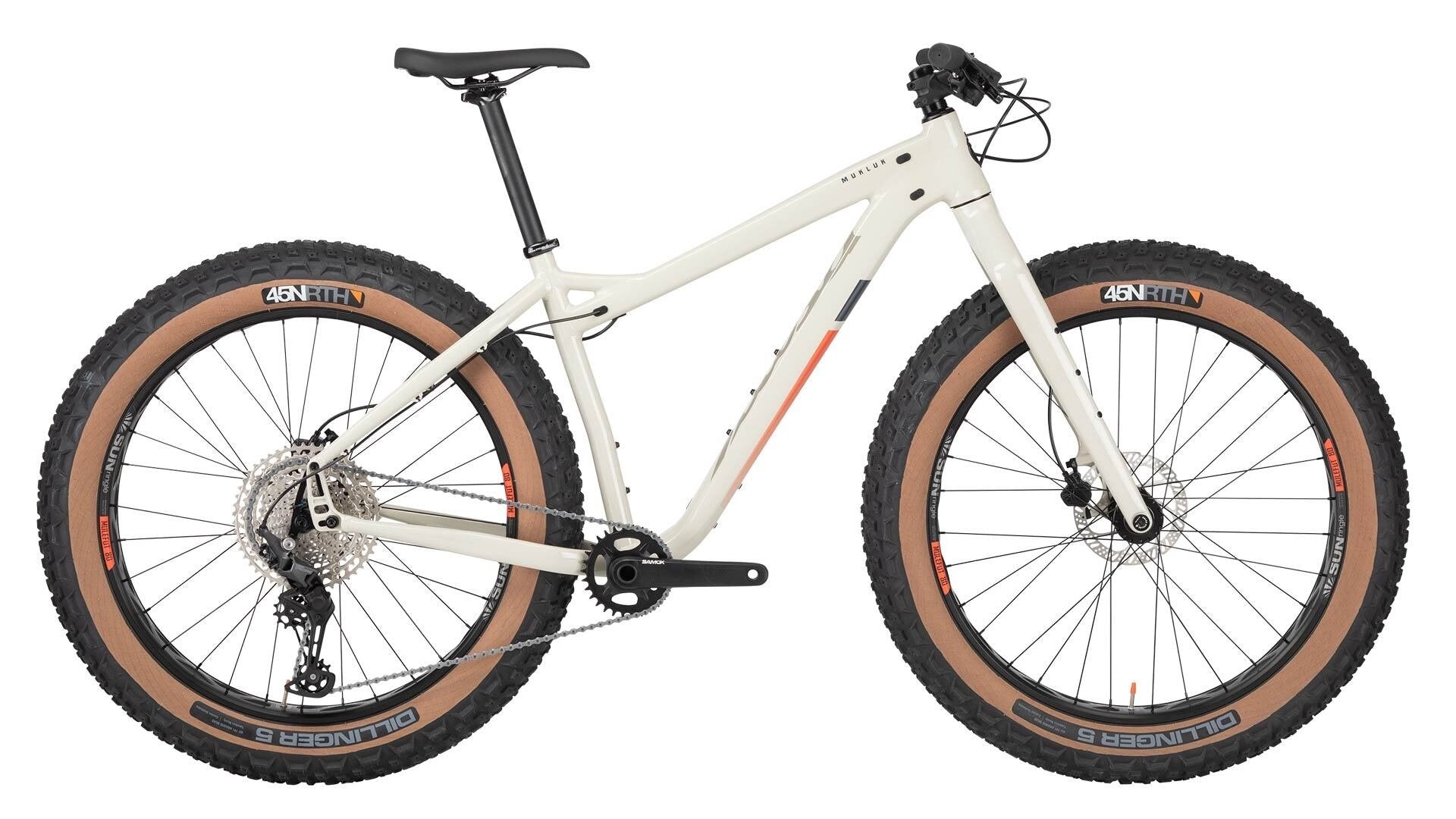 White mountain bike with brown tires on a white background