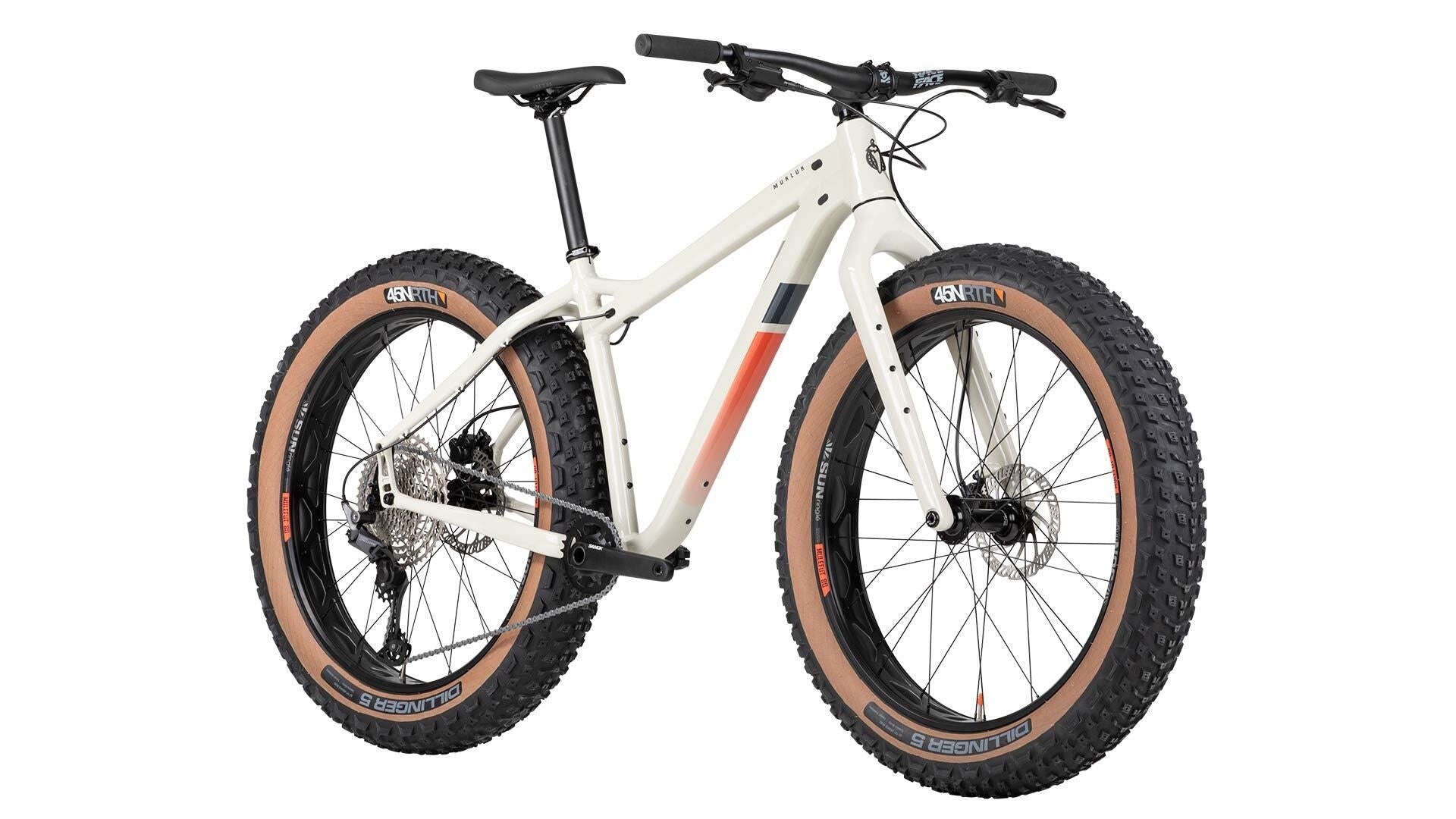 White fat-tire bicycle with black components on a white background