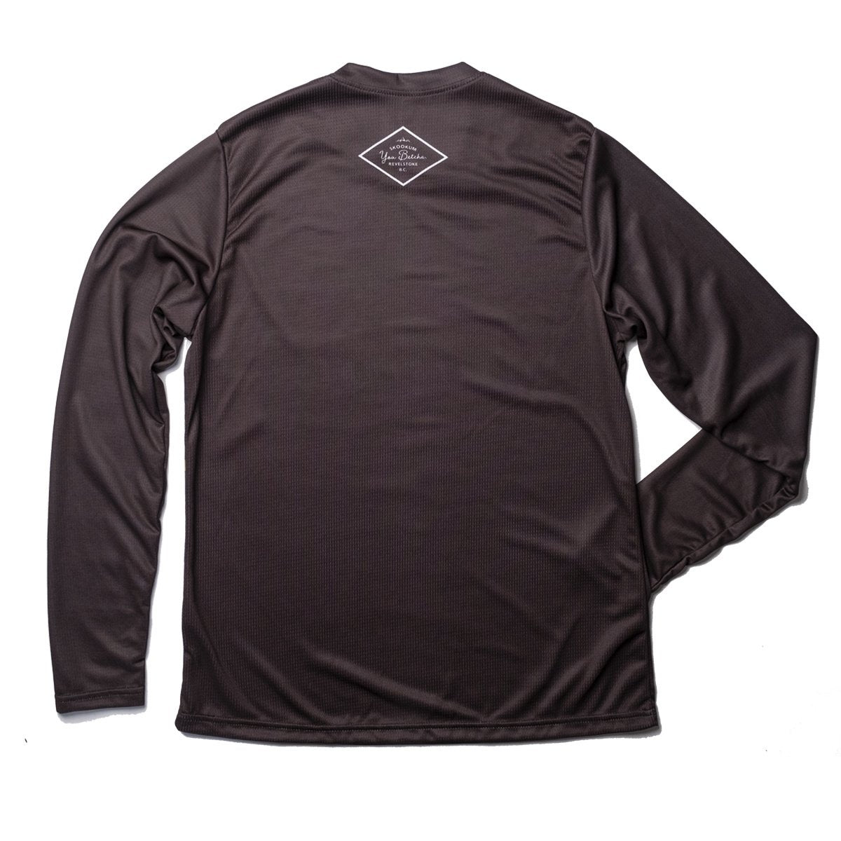Black long-sleeve shirt with a small logo on the back against a white background