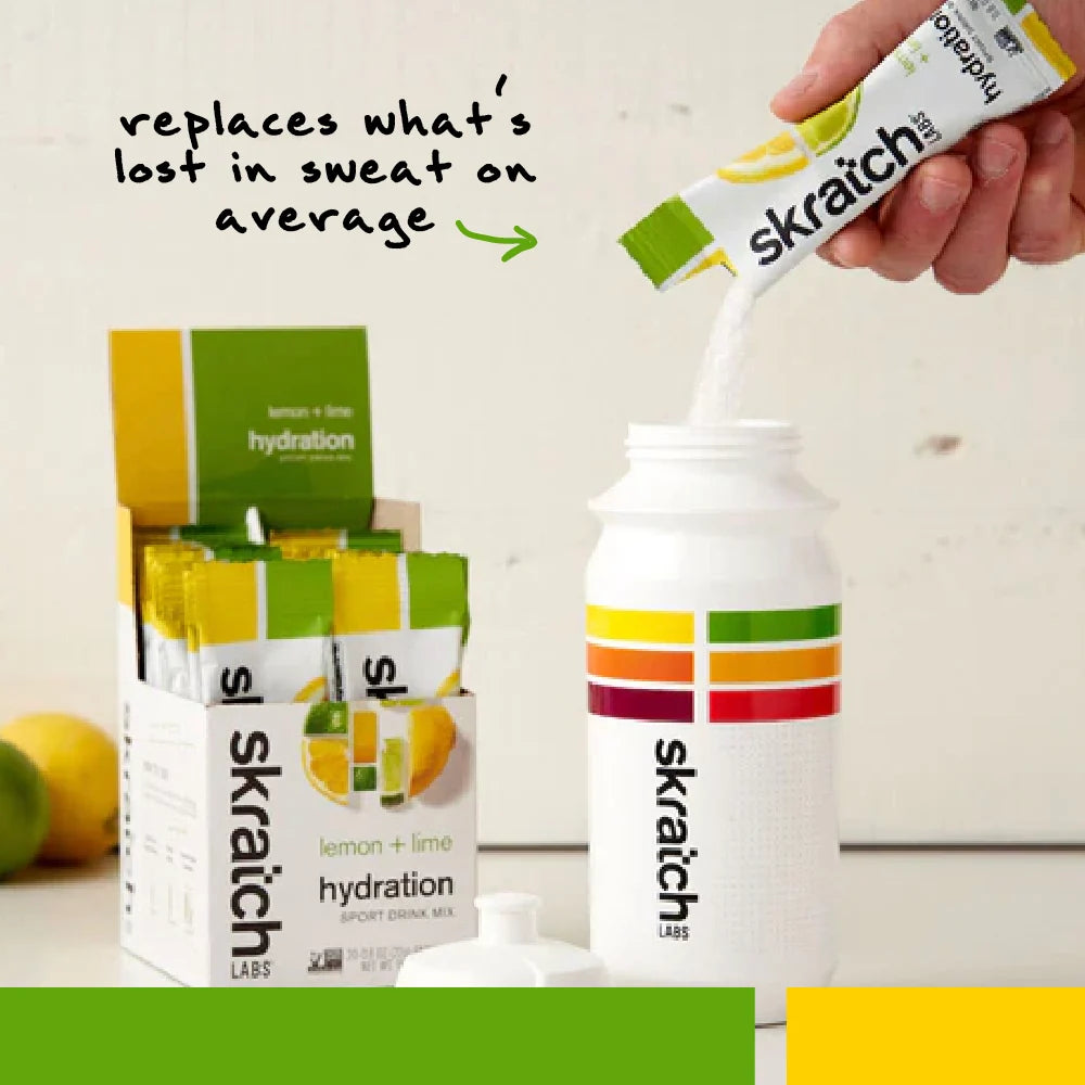 Skratch Labs hydration mix packaging with a bottle and packets on a white background