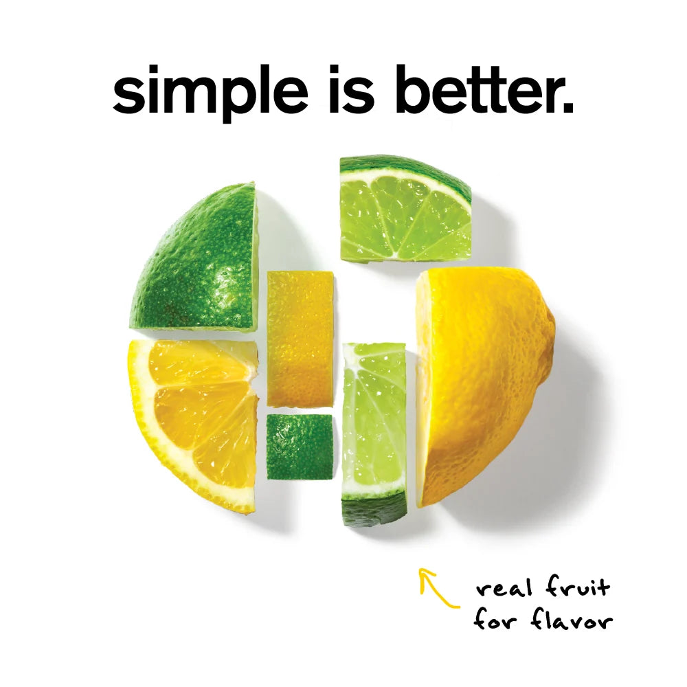Fruit slices forming the number '4' with text 'simple is better.' and 'real fruit for flavor' on a white background.
