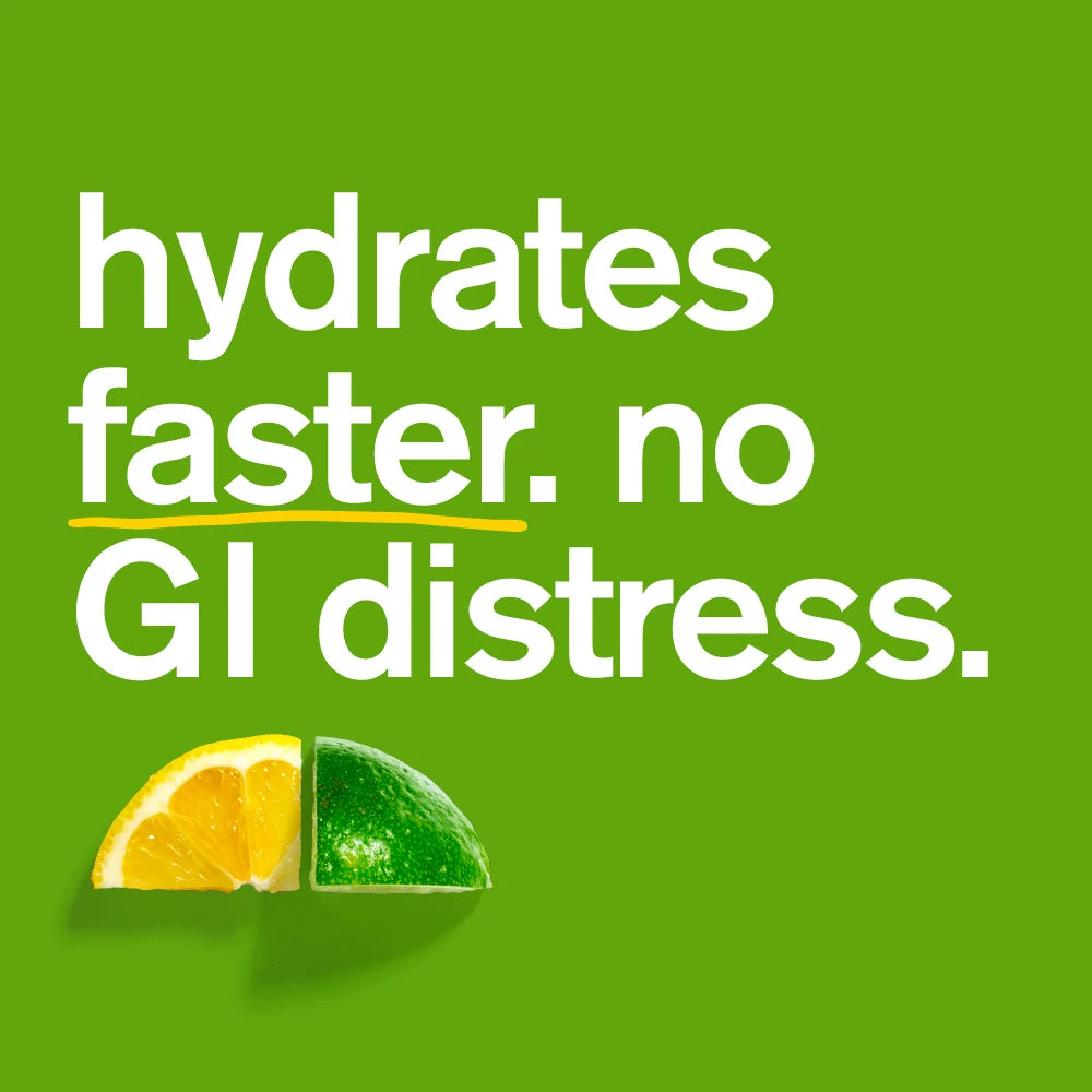Text on a green background with a half-sliced orange and lime, promoting hydration benefits.