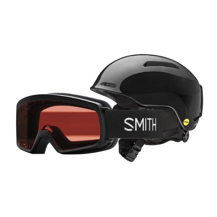 Black helmet and goggles with 'Smith' branding on a white background