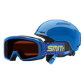 Blue helmet and goggles with 'Smith' branding on a white background