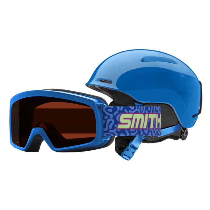 Blue helmet and goggles with 'Smith' branding on a white background
