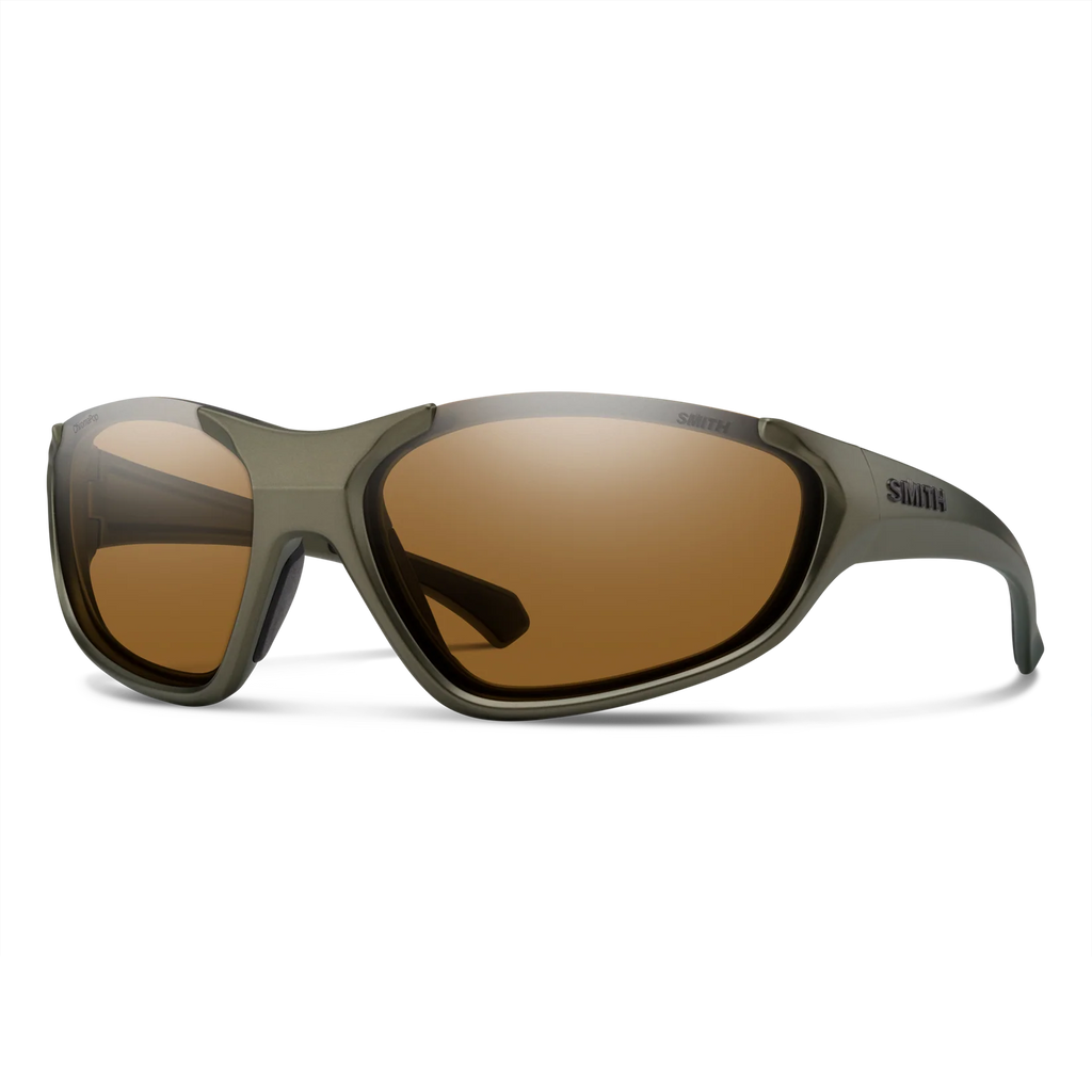 Sunglasses with brown lenses and green frame on a white background