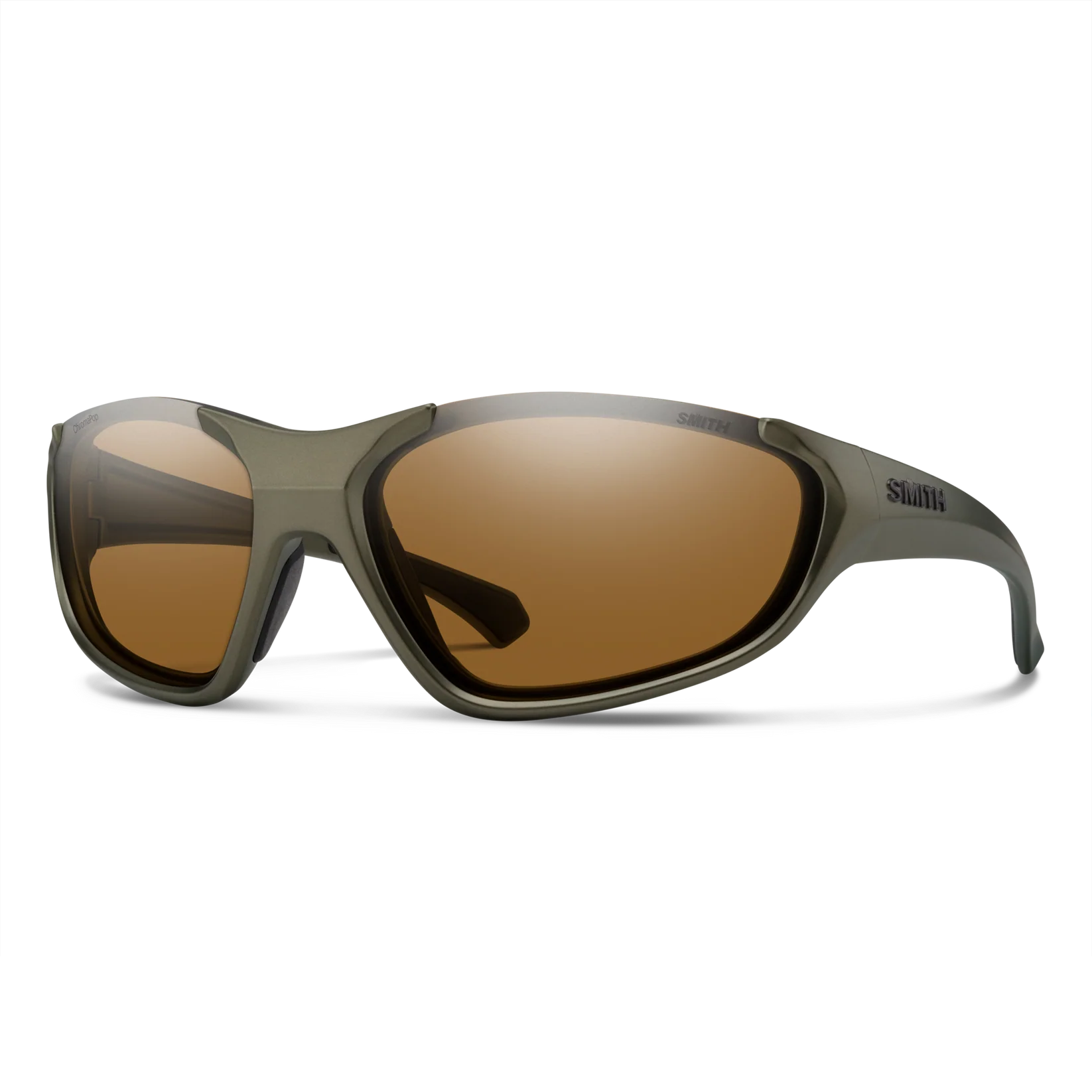 Sunglasses with brown lenses and green frame on a white background