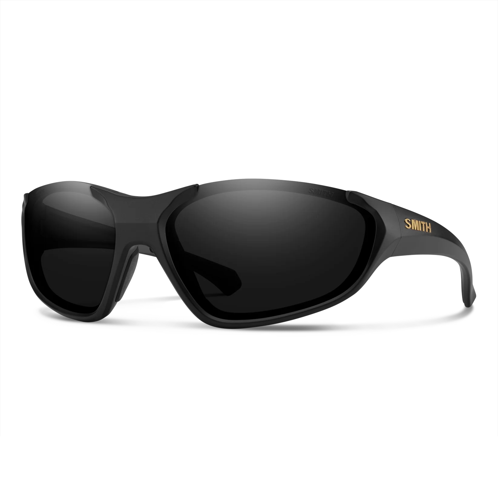 Black sunglasses with a visible brand logo on a white background