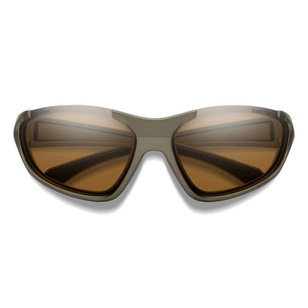 A pair of Smith sunglasses with a matte olive green frame and brown-tinted lenses, shown from a front-facing angle on a white background.
