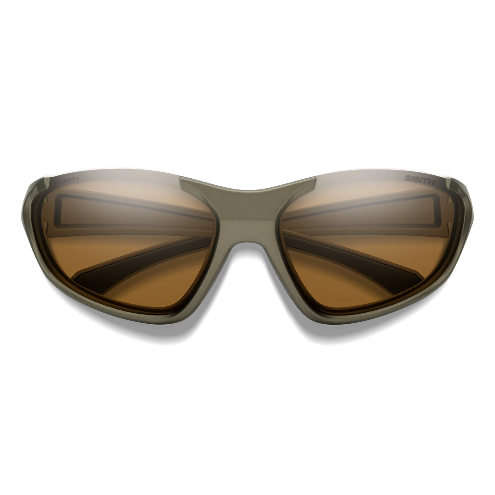 A pair of Smith sunglasses with a matte olive green frame and brown-tinted lenses, shown from a front-facing angle on a white background.