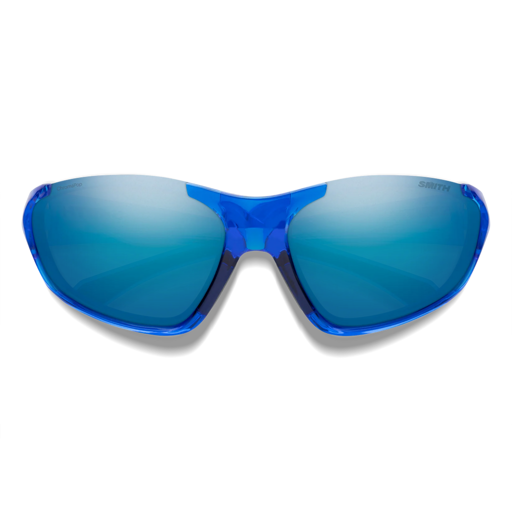 Blue mirrored sunglasses with a translucent blue frame, shown from the front on a white background.