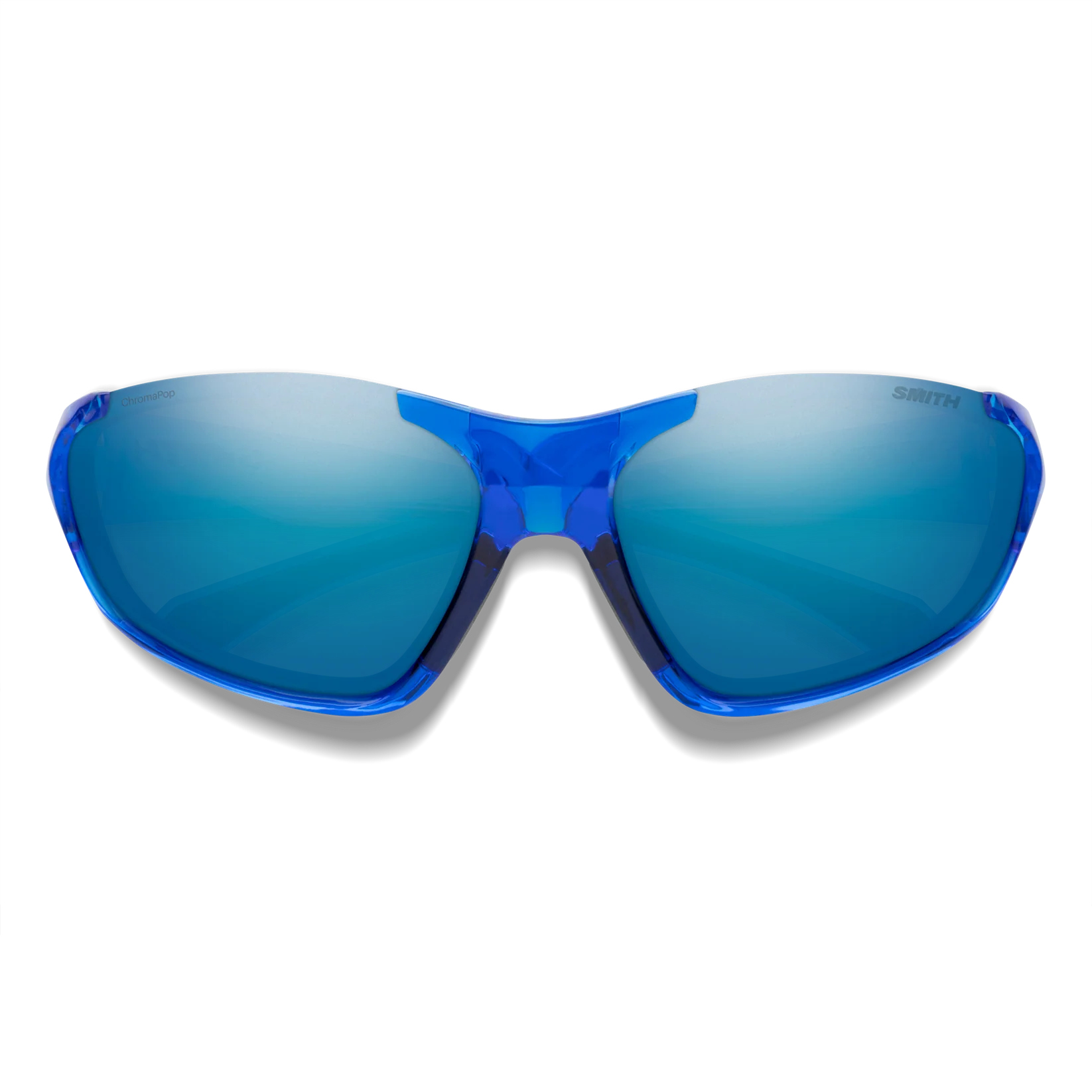 Blue mirrored sunglasses with a translucent blue frame, shown from the front on a white background.