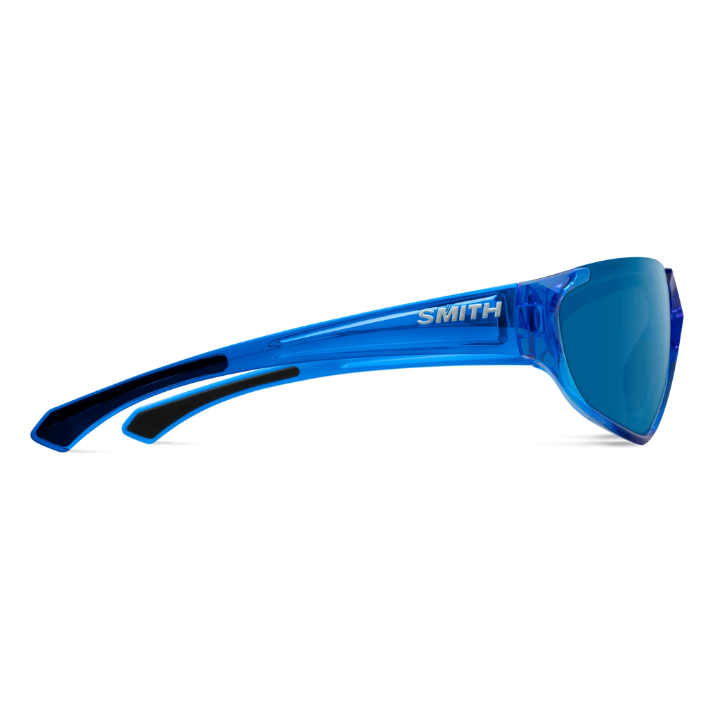 Blue translucent Smith sunglasses with a blue mirrored lens, shown from a side profile on a white background.