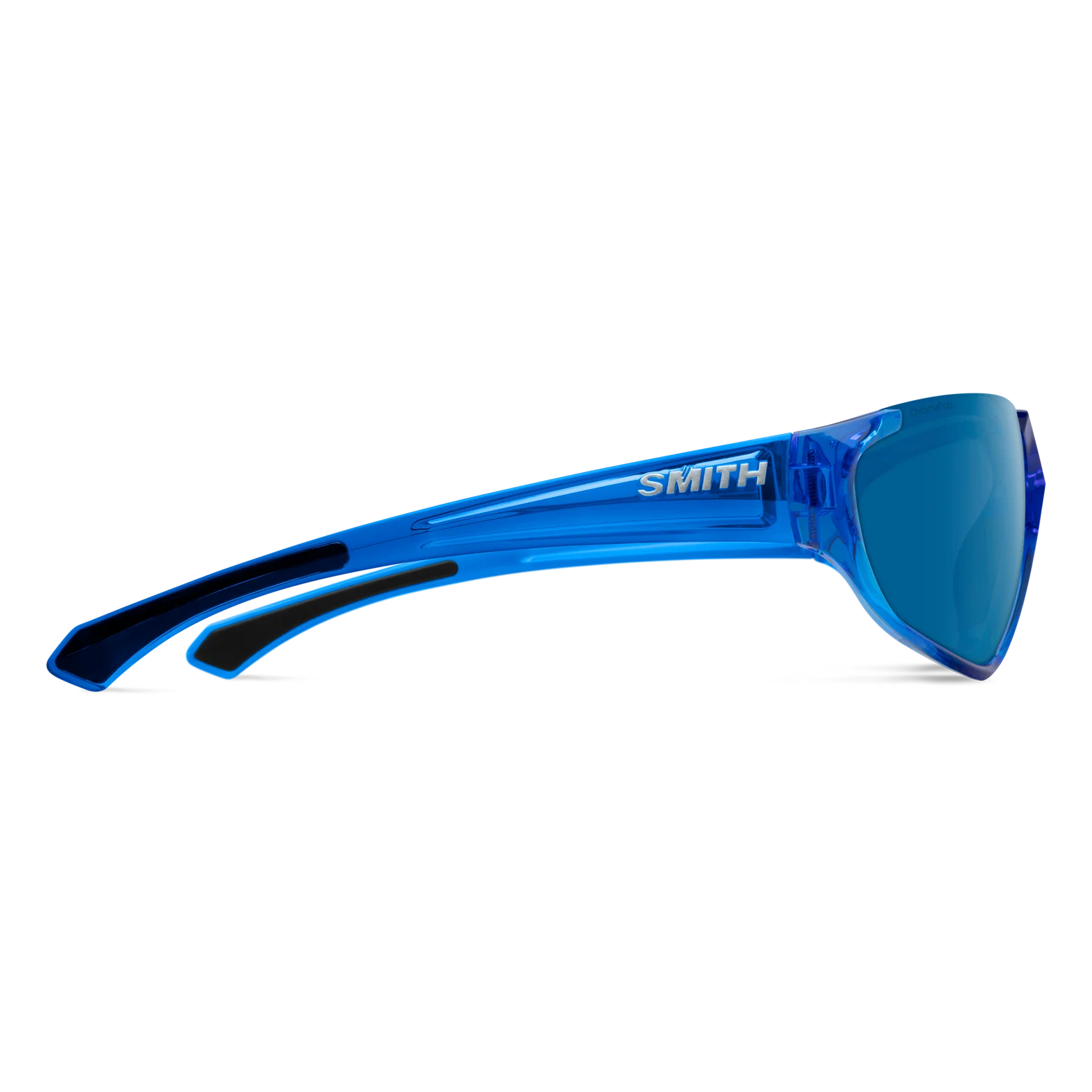 Blue translucent Smith sunglasses with a blue mirrored lens, shown from a side profile on a white background.