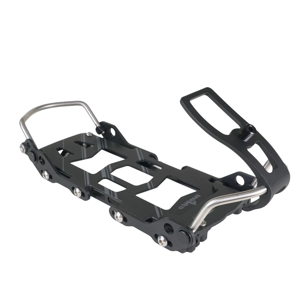 Black metal snowboard binding on a white background