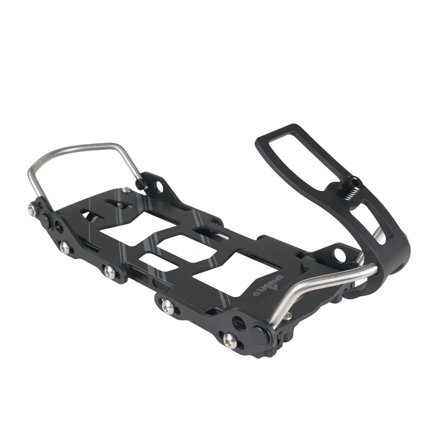 Black metal snowboard binding on a white background