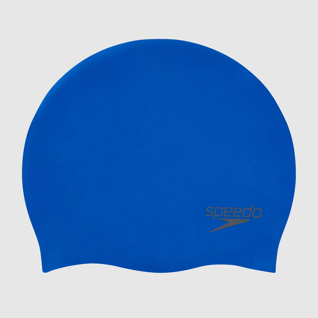 Blue swim cap with Speedo logo on a light gray background