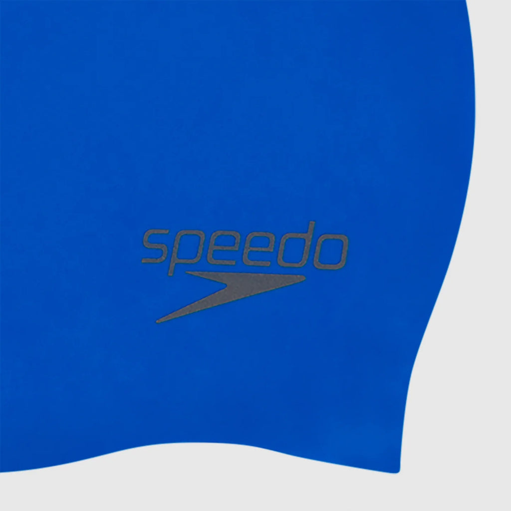 Blue Speedo swim cap with brand logo on a white background