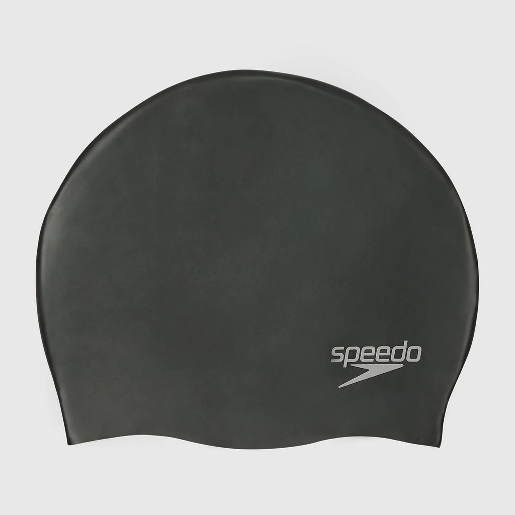 Black swim cap with Speedo logo on a white background