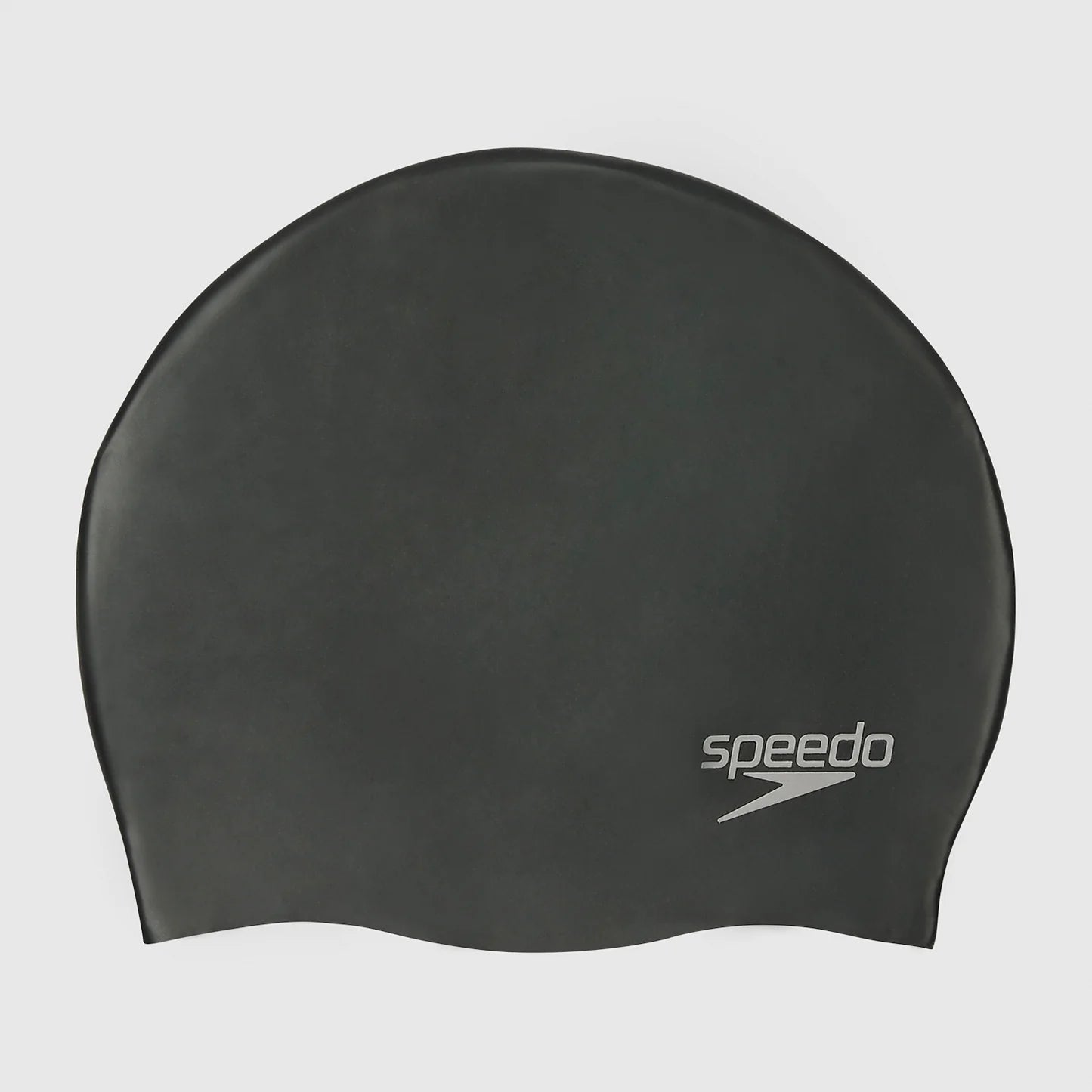 Black swim cap with Speedo logo on a white background