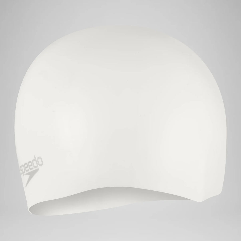 A white Speedo swim cap shown from a side profile view against a neutral gray background.