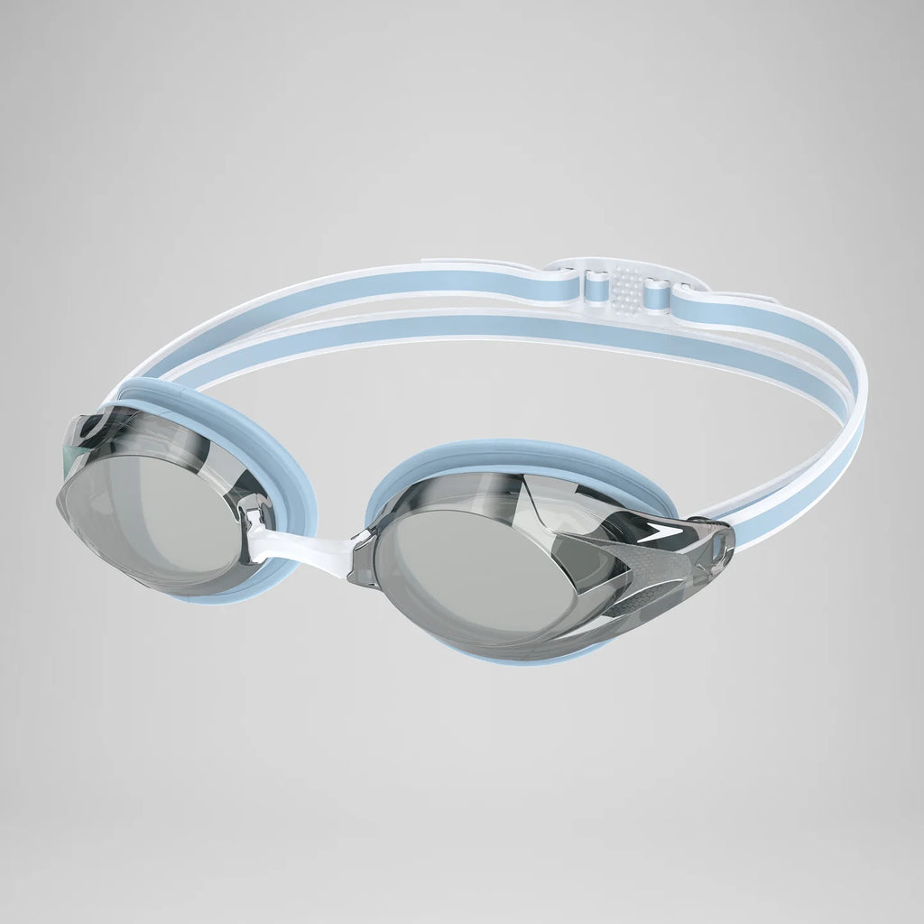 Silver swim goggles with blue straps on a white background