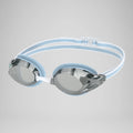 Silver swim goggles with blue straps on a white background