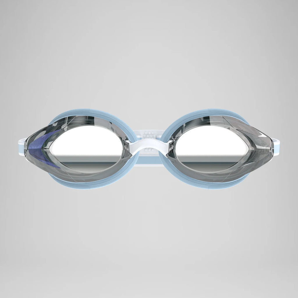 Swimming goggles with blue frame and clear lenses on a gray background