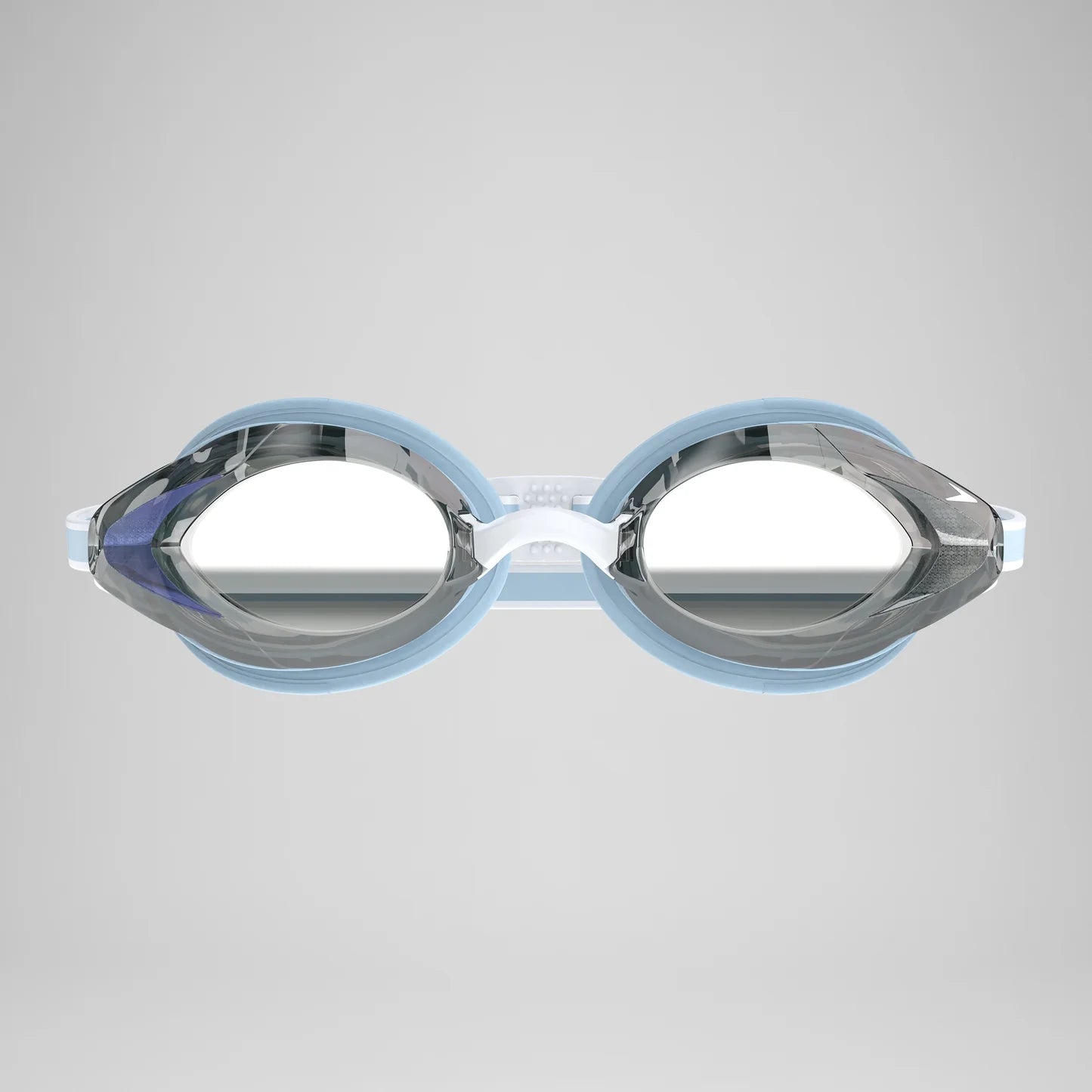 Swimming goggles with blue frame and clear lenses on a gray background