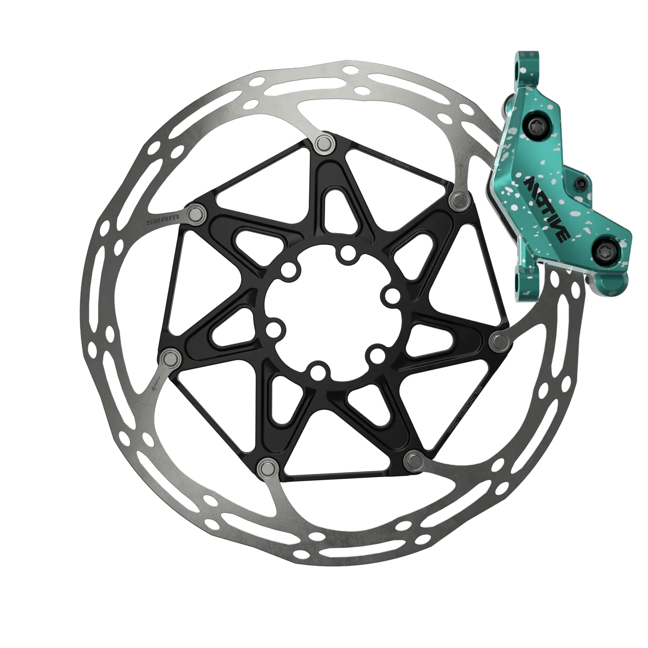 Bicycle disc brake rotor with green caliper on a white background