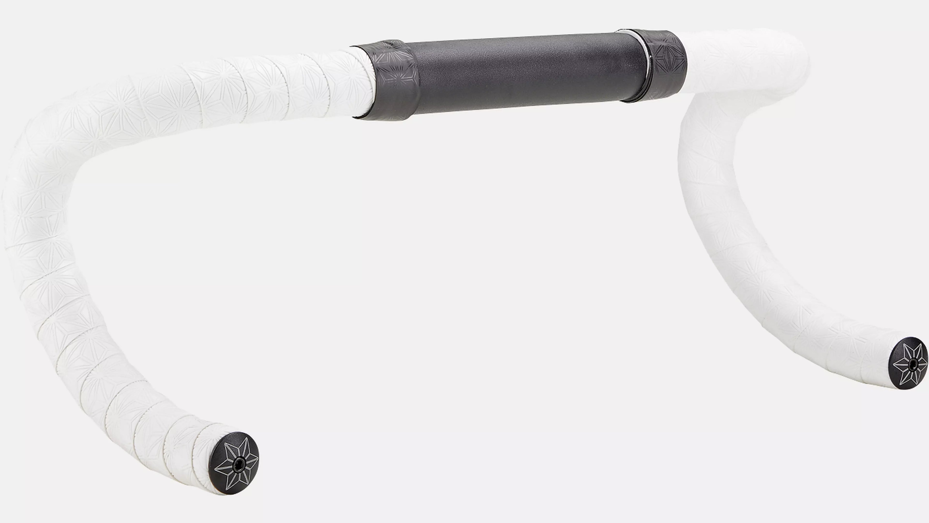 A close-up of a bicycle drop handlebar with white tape wrapped on the curved sections and a black center grip section, shown against a plain light gray background.