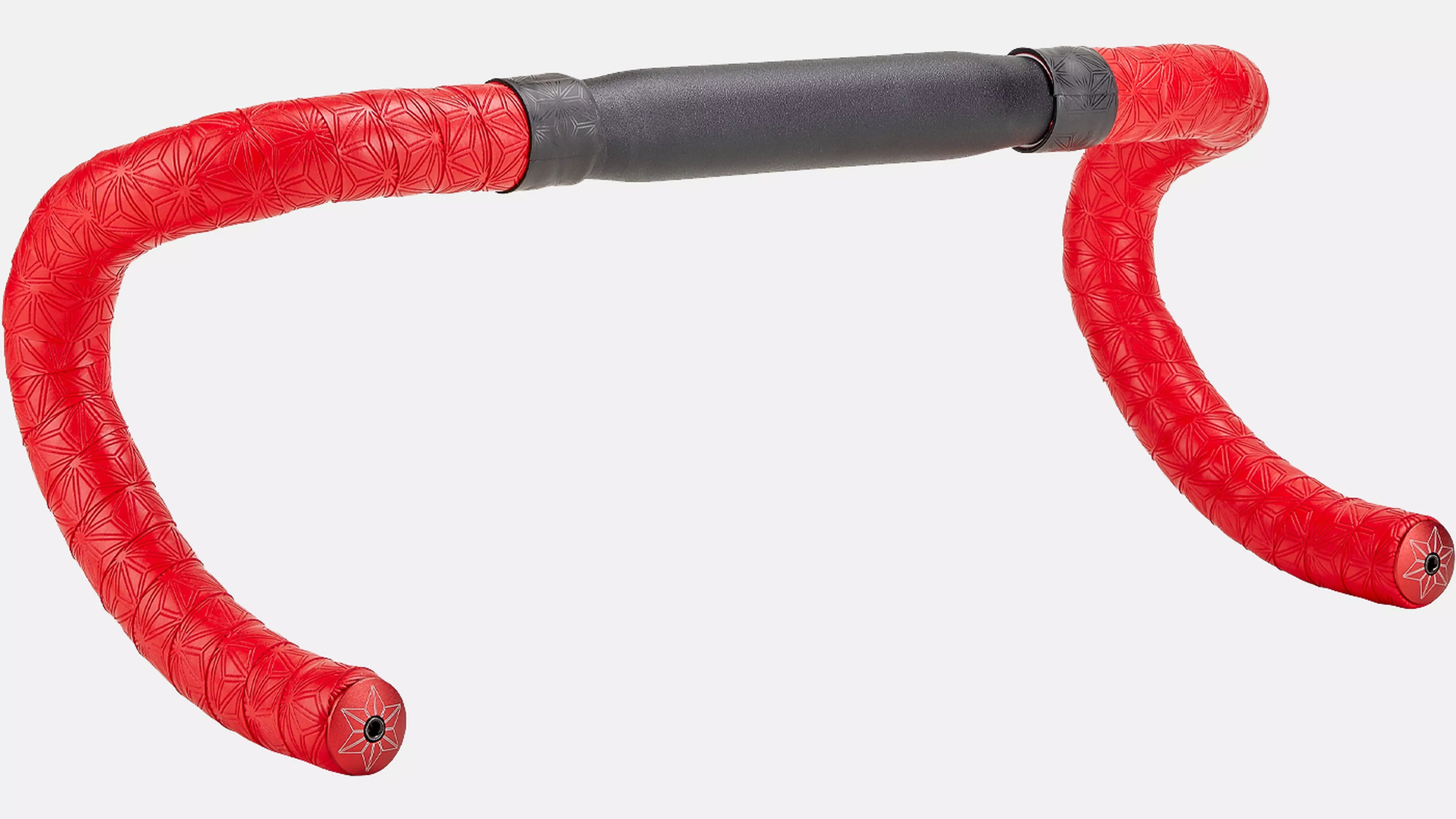 Red bicycle drop handlebar tape with a textured pattern and a black center section, shown against a plain light gray background.