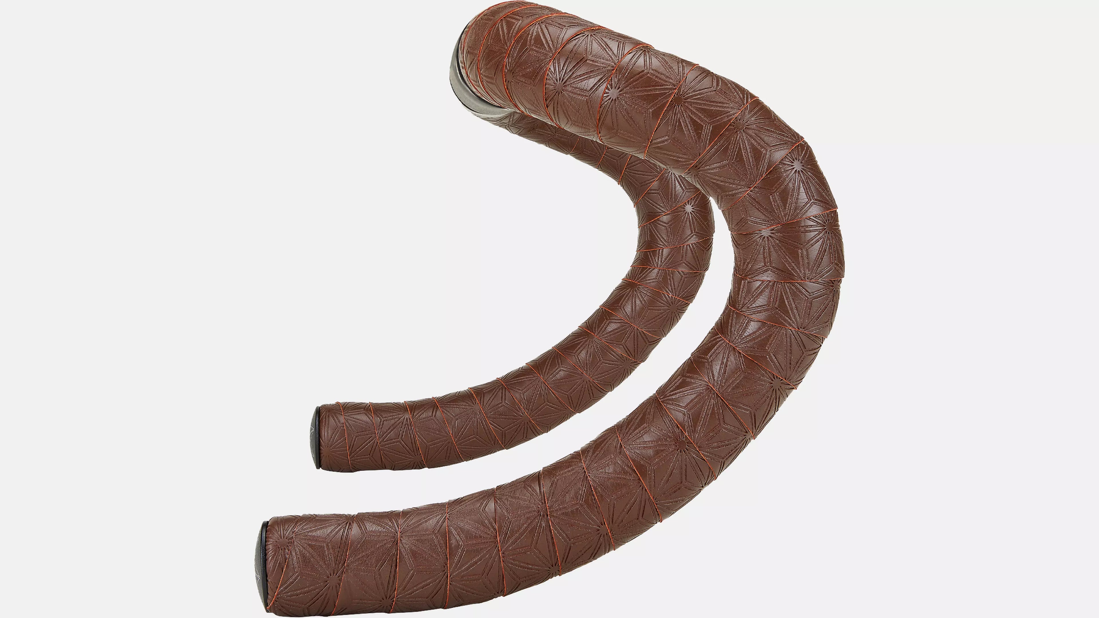 A curved brown bicycle handlebar grip tape with a textured geometric pattern, shown against a plain light gray background.