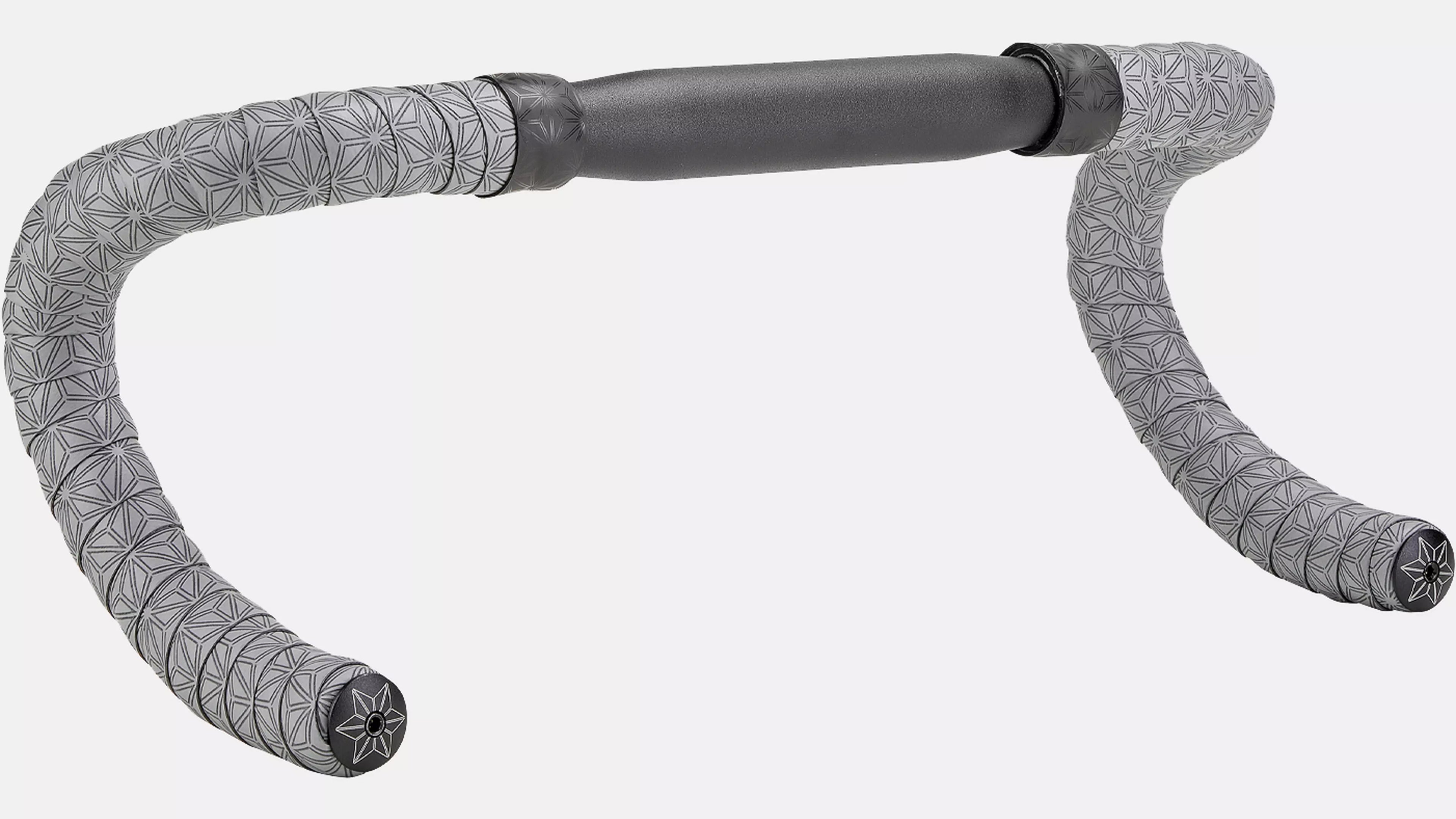 Gray bicycle drop handlebar grips with a geometric star pattern and a dark gray padded handlebar section, shown on a light gray background.