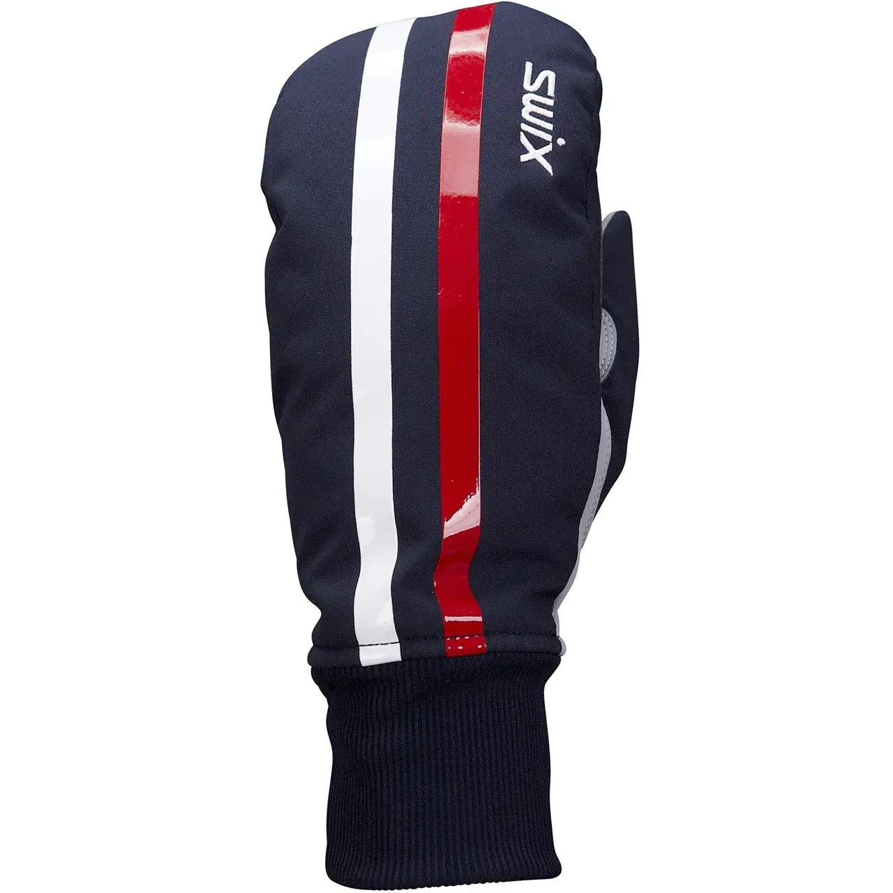 Black ski glove with red and white stripes on a white background