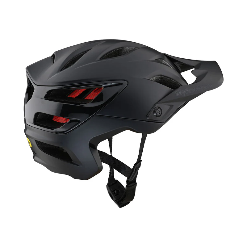 Black helmet with red accents on a white background