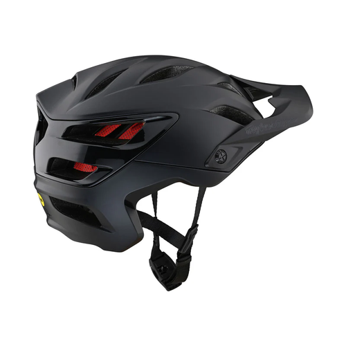 Black helmet with red accents on a white background
