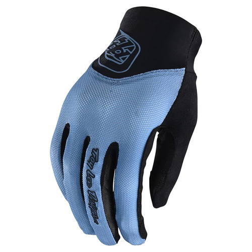 Blue and black glove with a brand logo on a white background