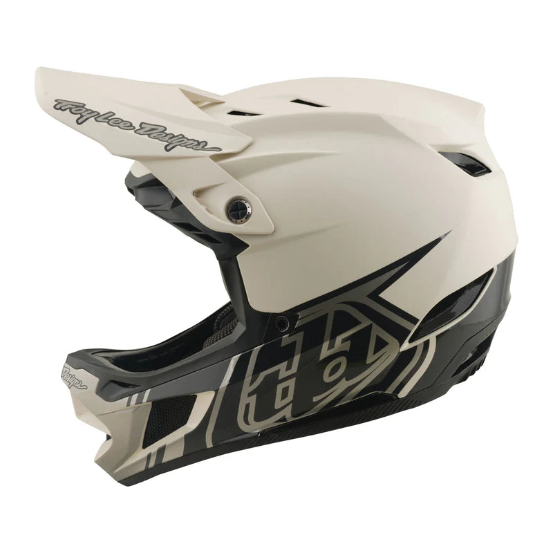 White and black motocross helmet with brand logo on a white background