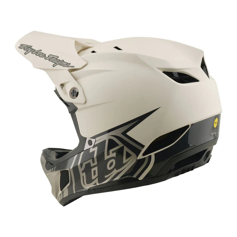 White and black helmet with branding on a white background