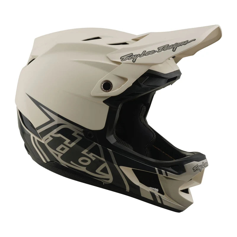 Beige and black helmet with branding on a white background