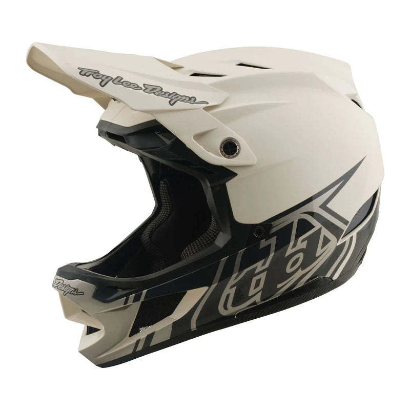 White motocross helmet with black graphics on a white background
