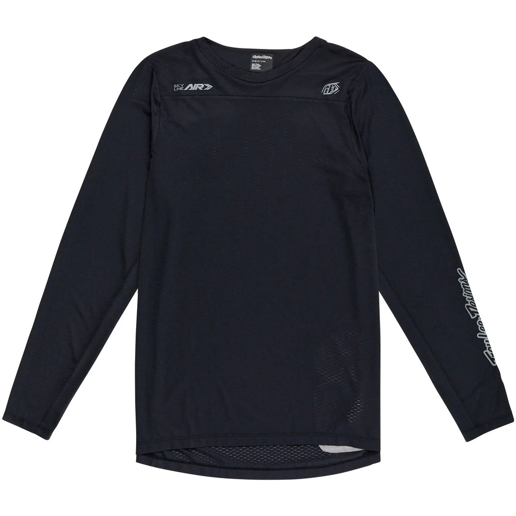 Black long-sleeve shirt with brand logos on a white background