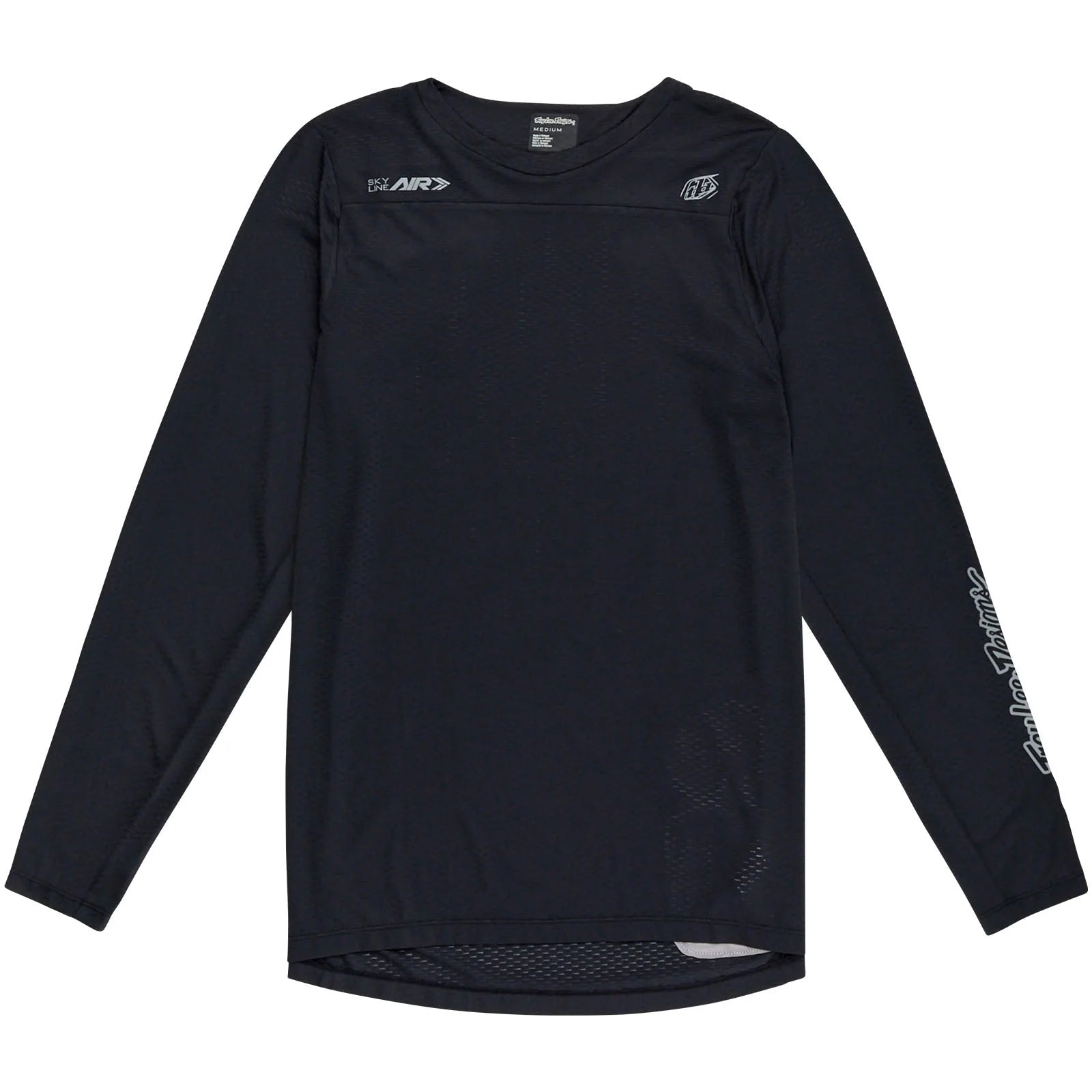 Black long-sleeve shirt with brand logos on a white background