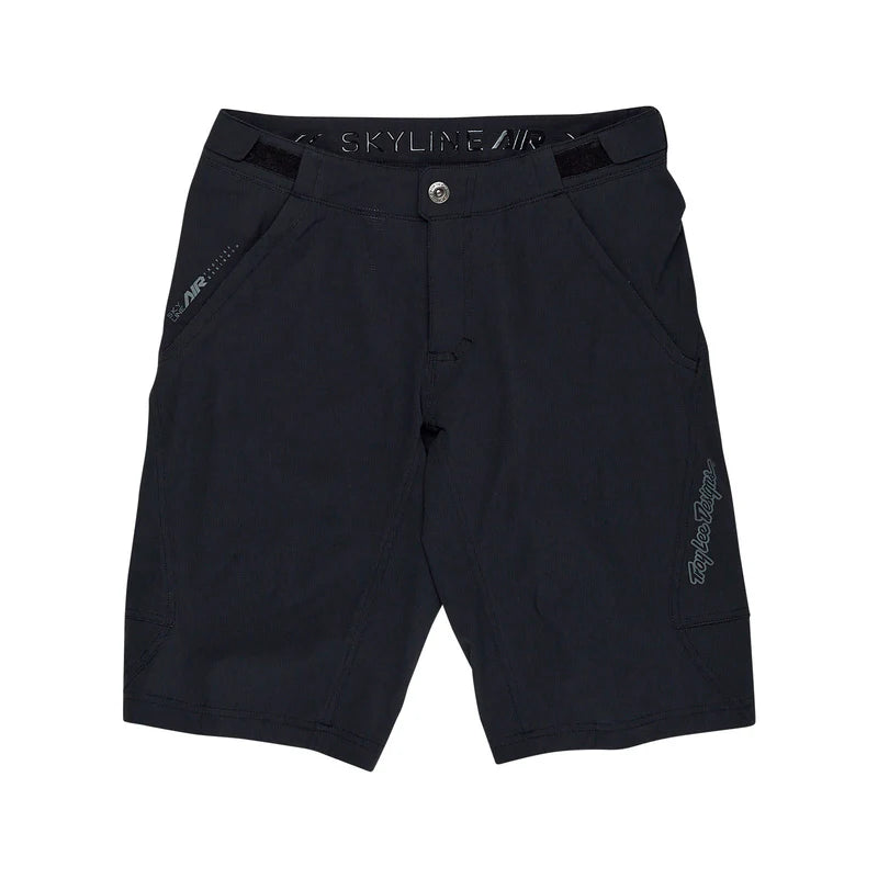 Black shorts with branding on a white background