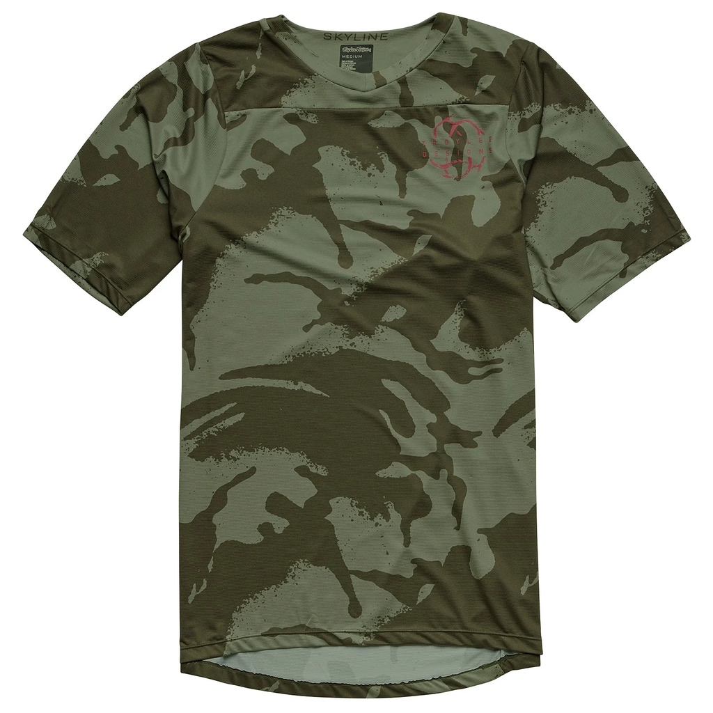 Camouflage t-shirt with a brand logo on a white background